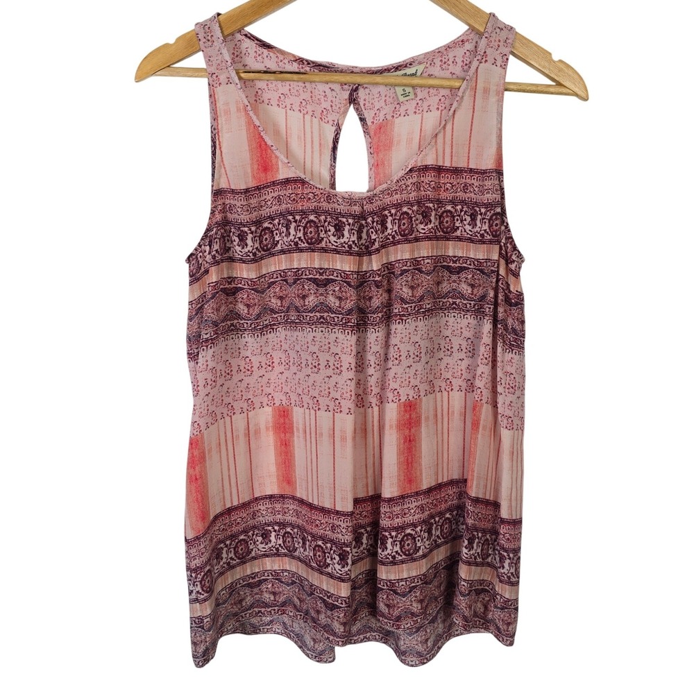 Lucky Brand Womens Silk Small Pink Mixed Print Boho Keyhole Back Sleeveless Tank